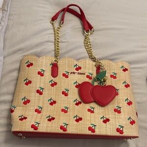 Betsey Johnson Cherry Patterned Straw Tote Bag with Red Accents